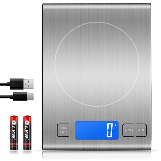 33lb Rechargeable Food Scale, 304 Stainless Steel Kitchen Scale | 7.5 * 5.5 in Weight Grams and Ounces for Baking, Cooking, 5 Units with Tare Function, LCD Display, 2 AAA Batteries