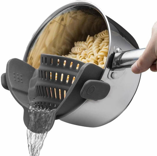 Silicone Clip On Strainer for Pots and Pans, Pasta Strainer Kitchen Gadgets, Heat Resistant Colander for Noodle, Meat, Fruits, Vegetables (Gray)