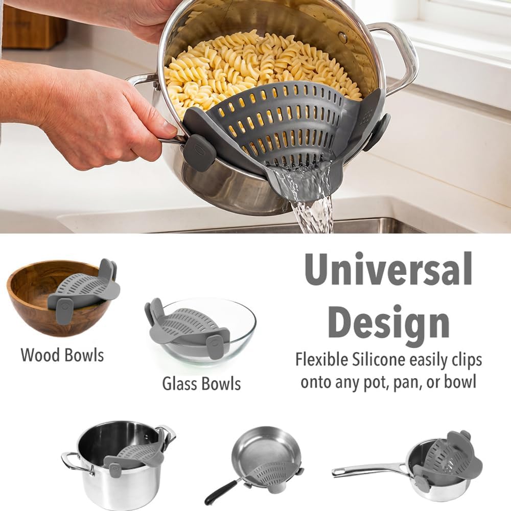 Silicone Clip On Strainer for Pots and Pans, Pasta Strainer Kitchen Gadgets, Heat Resistant Colander for Noodle, Meat, Fruits, Vegetables (Gray)