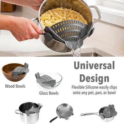 Silicone Clip On Strainer for Pots and Pans, Pasta Strainer Kitchen Gadgets, Heat Resistant Colander for Noodle, Meat, Fruits, Vegetables (Gray)