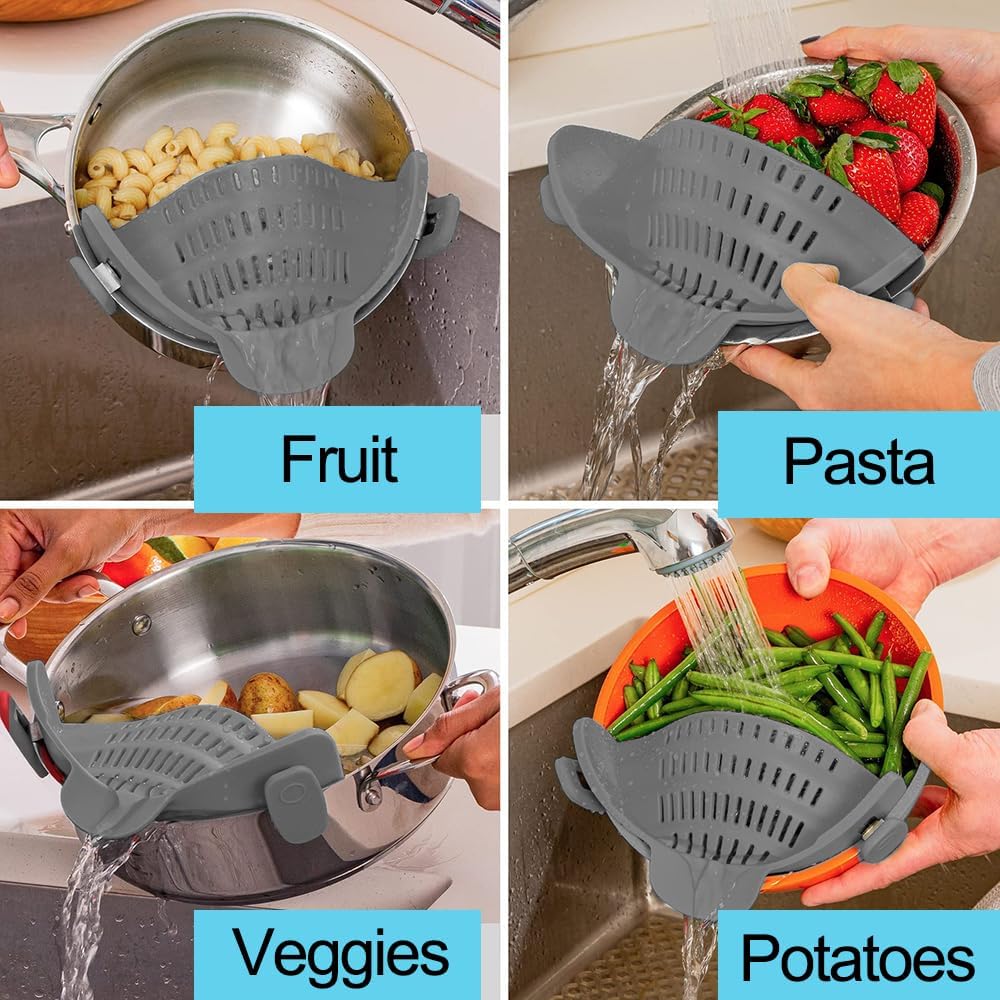 Silicone Clip On Strainer for Pots and Pans, Pasta Strainer Kitchen Gadgets, Heat Resistant Colander for Noodle, Meat, Fruits, Vegetables (Gray)