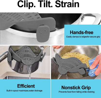 Silicone Clip On Strainer for Pots and Pans, Pasta Strainer Kitchen Gadgets, Heat Resistant Colander for Noodle, Meat, Fruits, Vegetables (Gray)