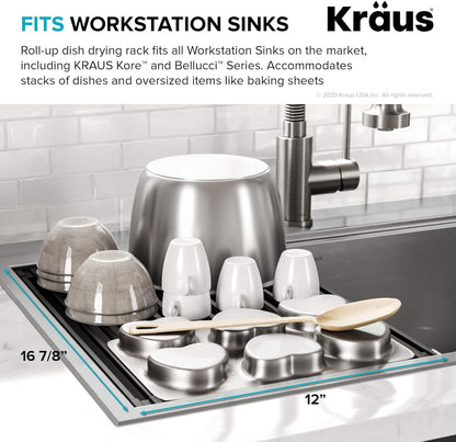 Multipurpose Workstation Sink Roll-Up Dish Drying Rack, Colander and Trivet in Dark Grey, KRM-11DG