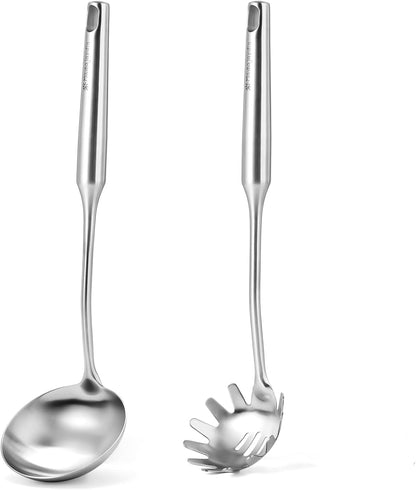 Stainless Steel Soup Ladle and Spaghetti Spoon Set - Large Ladle Spoon, Pasta Strainer, Durable Kitchen Cooking Utensils for Stirring, Serving Pasta, Soup & Sauce，Perfect Gifts