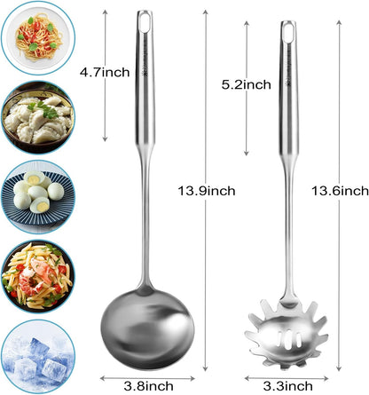 Stainless Steel Soup Ladle and Spaghetti Spoon Set - Large Ladle Spoon, Pasta Strainer, Durable Kitchen Cooking Utensils for Stirring, Serving Pasta, Soup & Sauce，Perfect Gifts