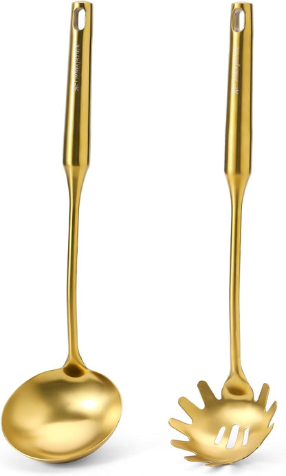 Stainless Steel Soup Ladle and Spaghetti Spoon Set - Large Ladle Spoon, Pasta Strainer, Durable Kitchen Cooking Utensils for Stirring, Serving Pasta, Soup & Sauce，Perfect Gifts