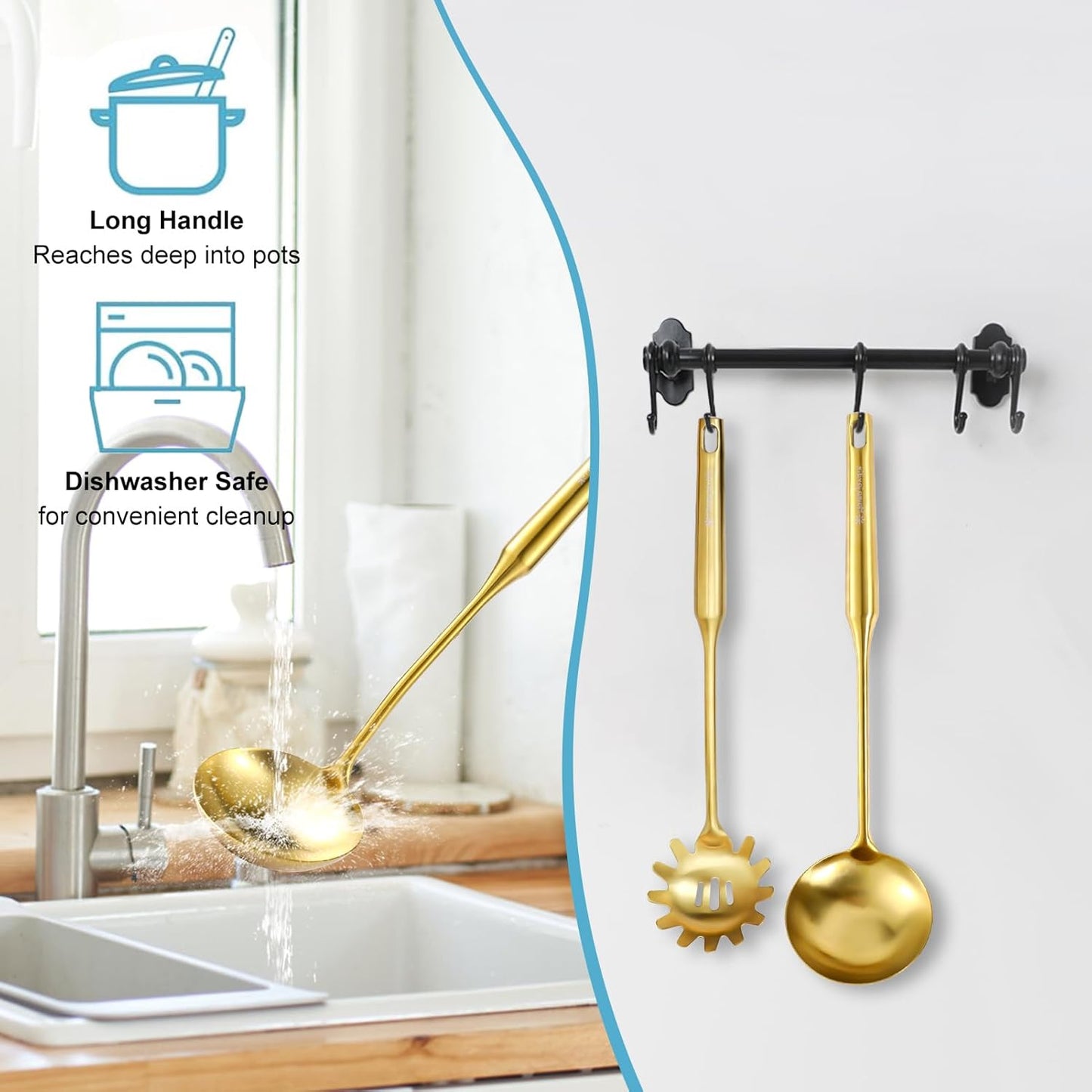 Stainless Steel Soup Ladle and Spaghetti Spoon Set - Large Ladle Spoon, Pasta Strainer, Durable Kitchen Cooking Utensils for Stirring, Serving Pasta, Soup & Sauce，Perfect Gifts