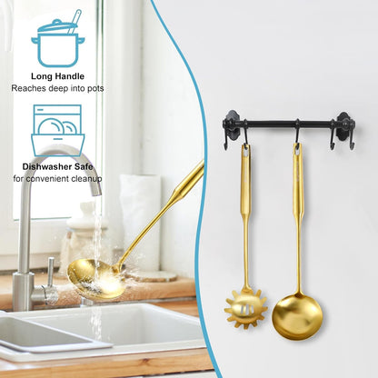 Stainless Steel Soup Ladle and Spaghetti Spoon Set - Large Ladle Spoon, Pasta Strainer, Durable Kitchen Cooking Utensils for Stirring, Serving Pasta, Soup & Sauce，Perfect Gifts