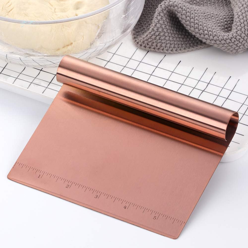 Pastry Cutter Bench Scraper & Chopper Stainless Steel Mirror Polished with Measuring Scale Multipurpose Cake Pizza Cutter Pastry Bread Separator Scale Knife Rose Gold
