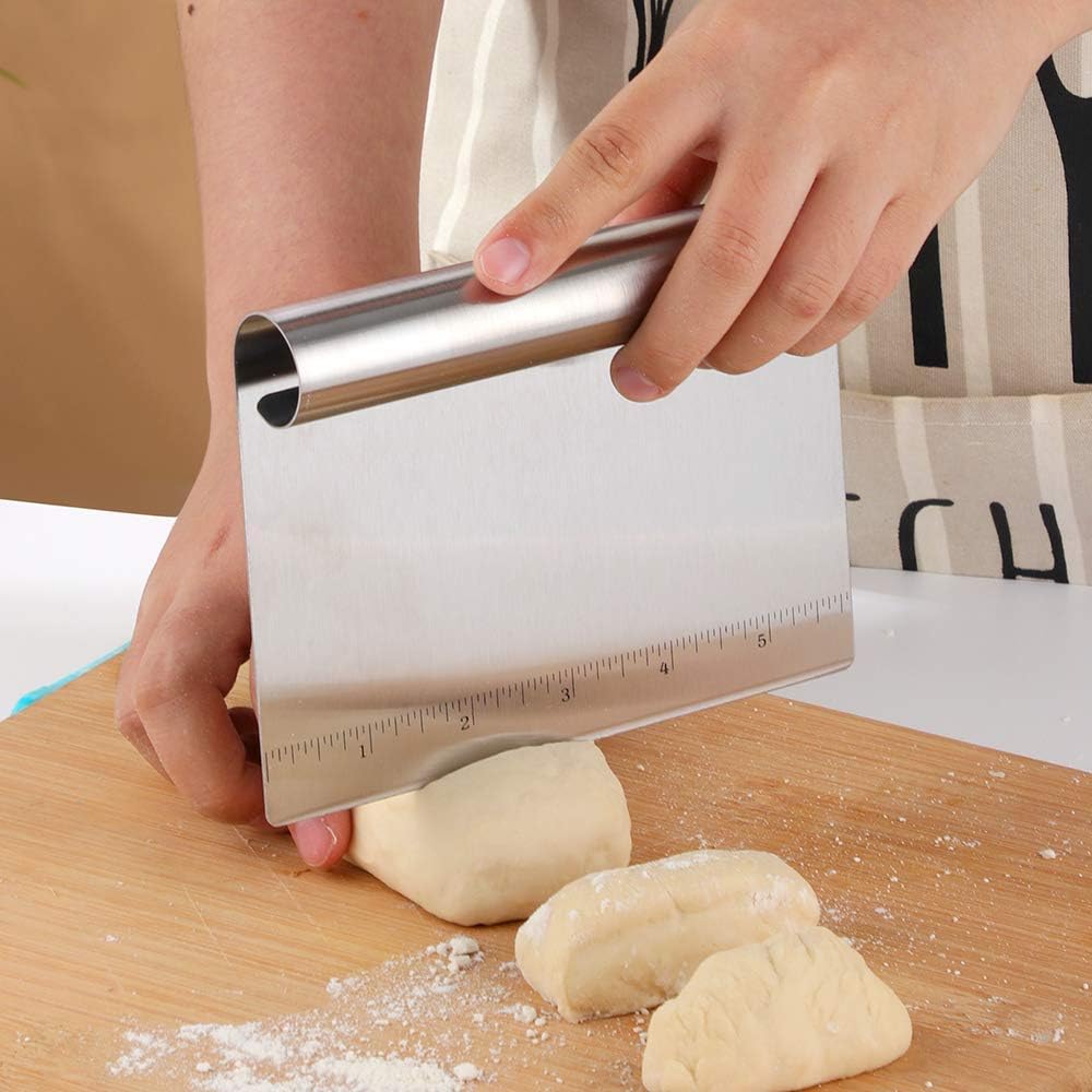 Pastry Cutter Bench Scraper & Chopper Stainless Steel Mirror Polished with Measuring Scale Multipurpose Cake Pizza Cutter Pastry Bread Separator Scale Knife Rose Gold