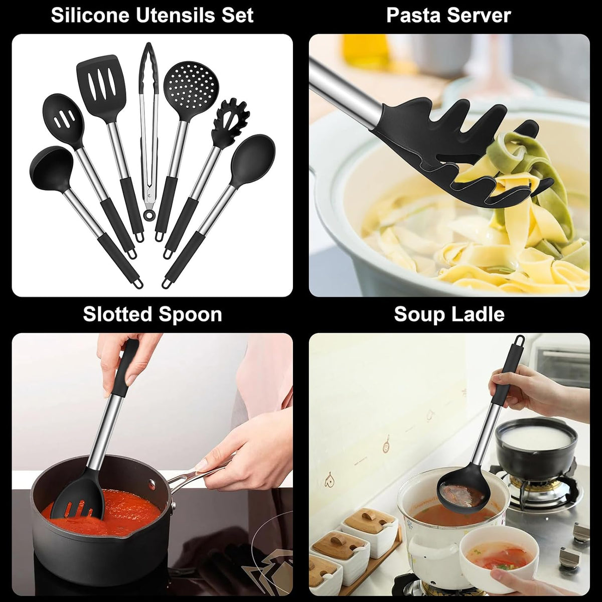 Silicone Cooking Utensils Set, 7-Piece Black Kitchen Utensils Set