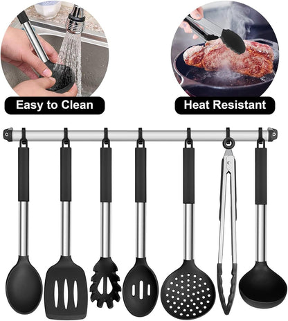 Silicone Cooking Utensils Set, 7-Piece Black Kitchen Utensils Set