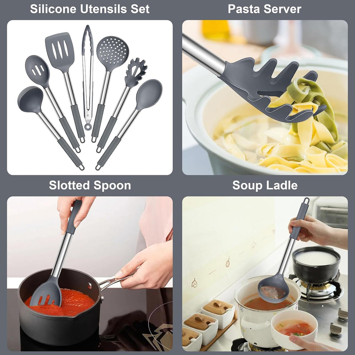 Silicone Cooking Utensils Set, 7-Piece Black Kitchen Utensils Set