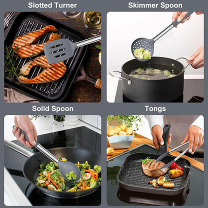 Silicone Cooking Utensils Set, 7-Piece Black Kitchen Utensils Set
