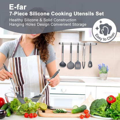 Silicone Cooking Utensils Set, 7-Piece Black Kitchen Utensils Set