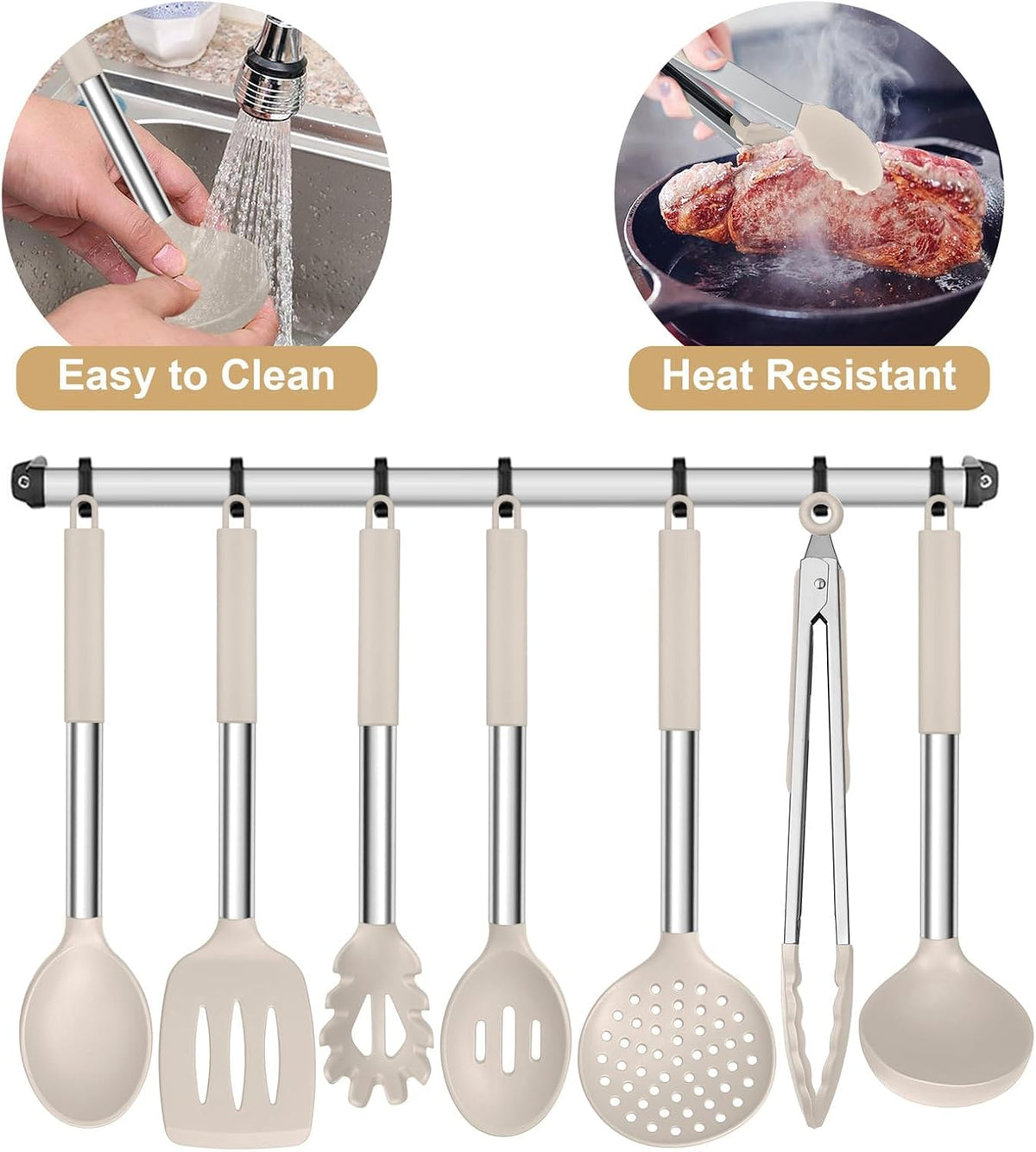 Silicone Cooking Utensils Set, 7-Piece Black Kitchen Utensils Set