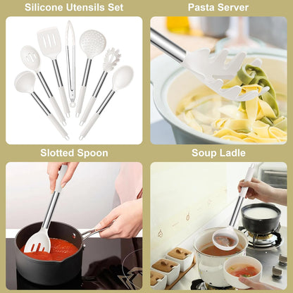 Silicone Cooking Utensils Set, 7-Piece Black Kitchen Utensils Set