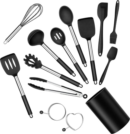 Silicone Cooking Utensils Set, 7-Piece Black Kitchen Utensils Set