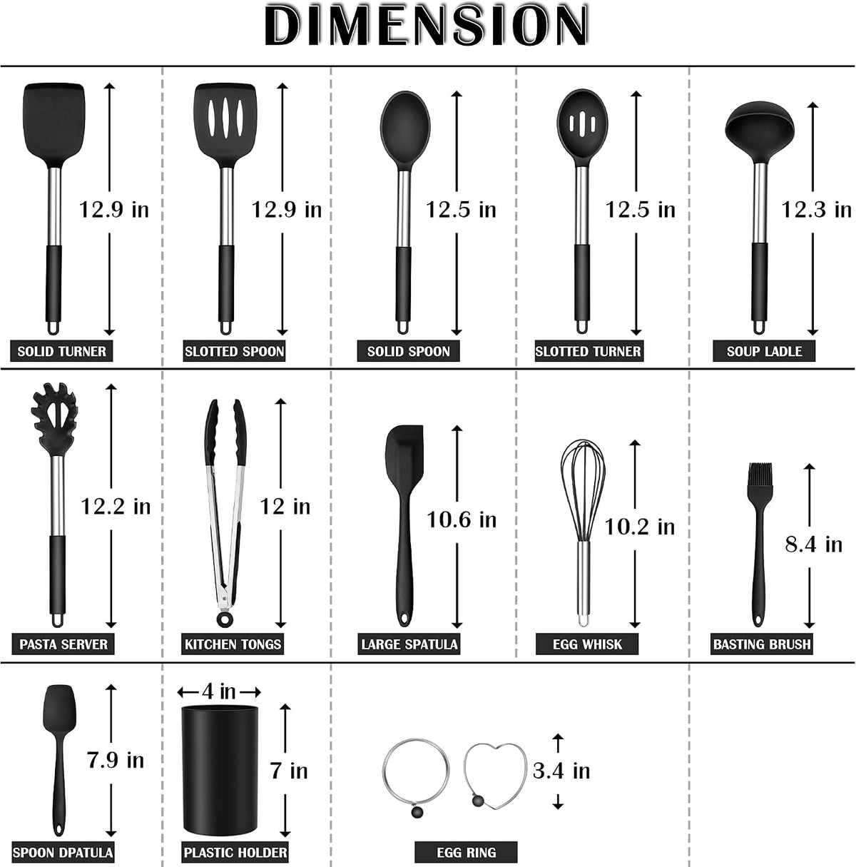 Silicone Cooking Utensils Set, 7-Piece Black Kitchen Utensils Set