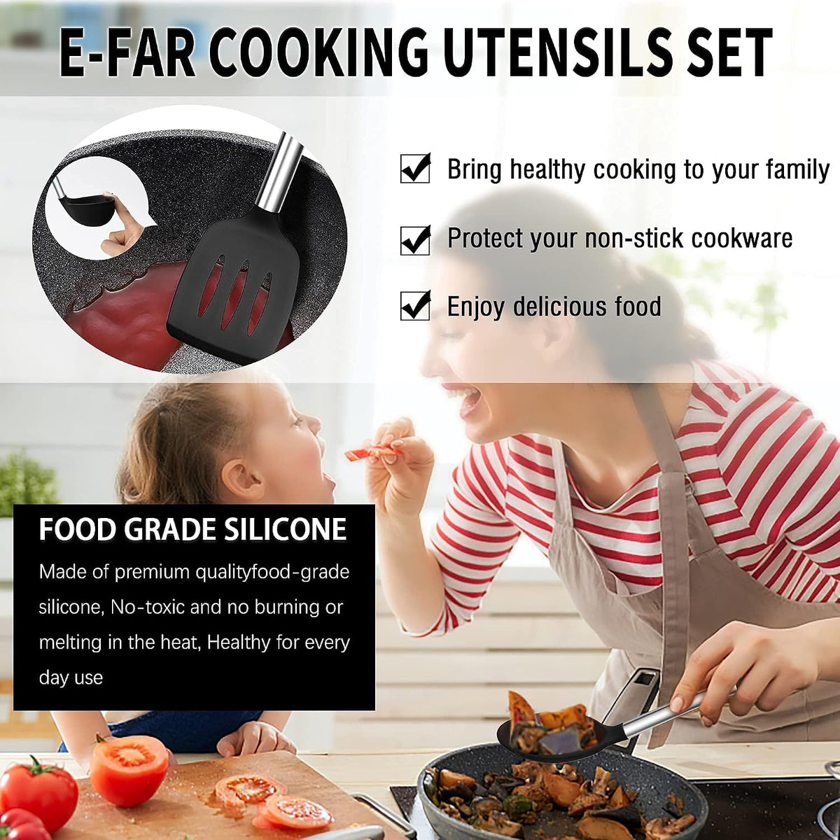 Silicone Cooking Utensils Set, 7-Piece Black Kitchen Utensils Set