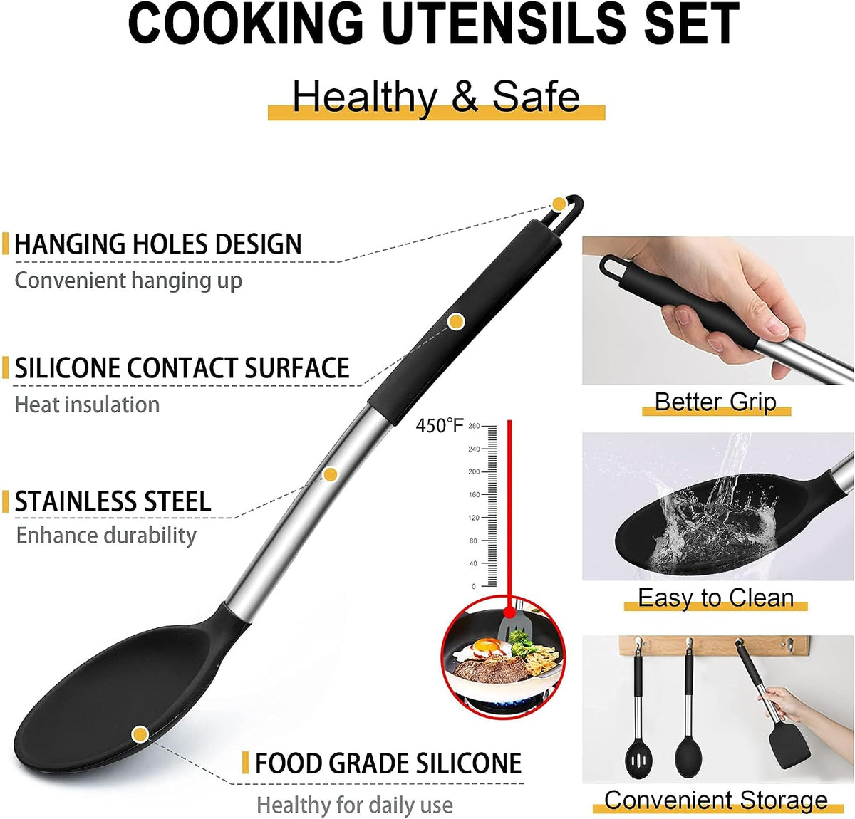Silicone Cooking Utensils Set, 7-Piece Black Kitchen Utensils Set
