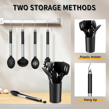 Silicone Cooking Utensils Set, 7-Piece Black Kitchen Utensils Set