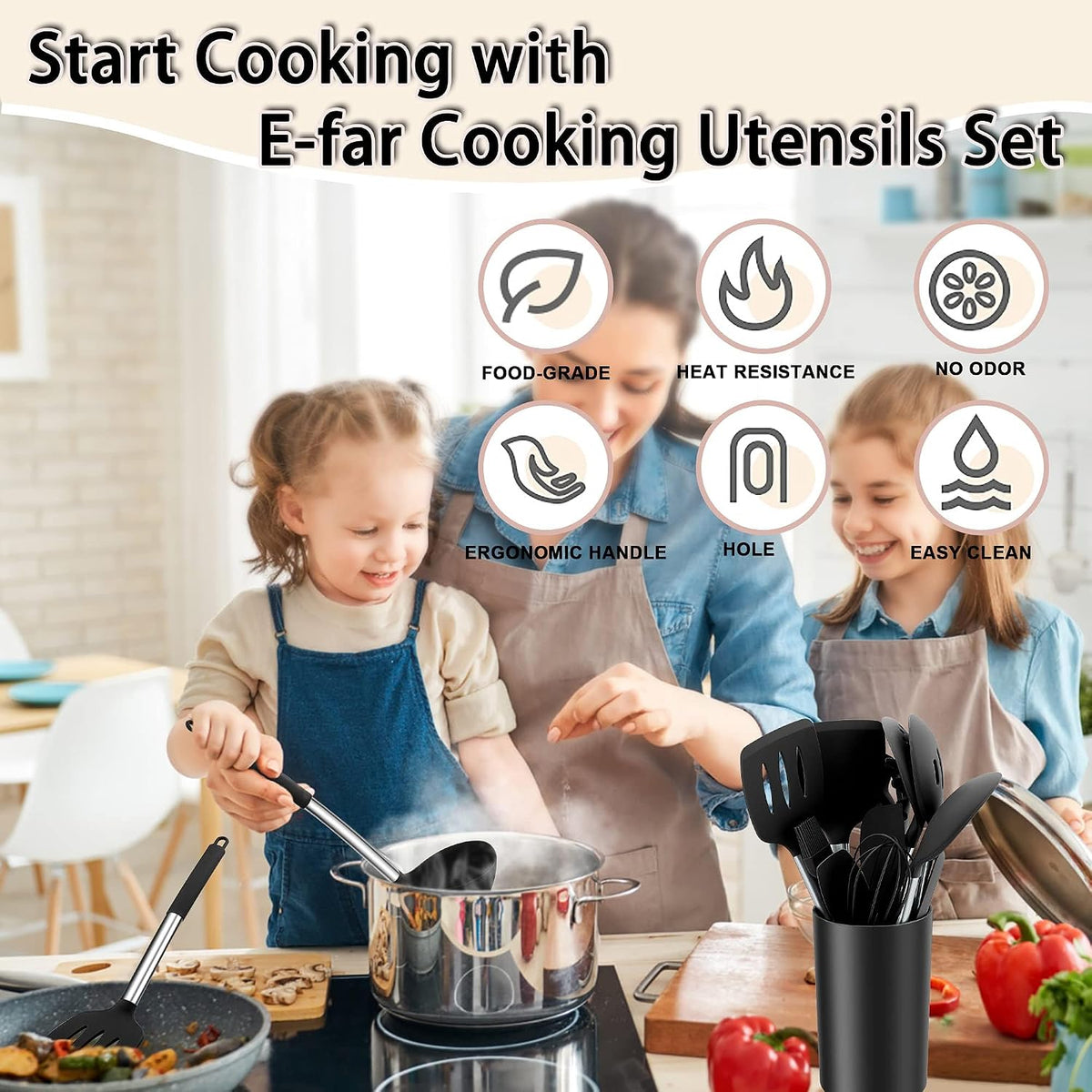 Silicone Cooking Utensils Set, 7-Piece Black Kitchen Utensils Set