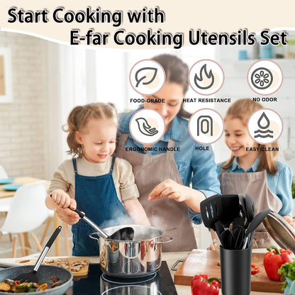 Silicone Cooking Utensils Set, 7-Piece Black Kitchen Utensils Set