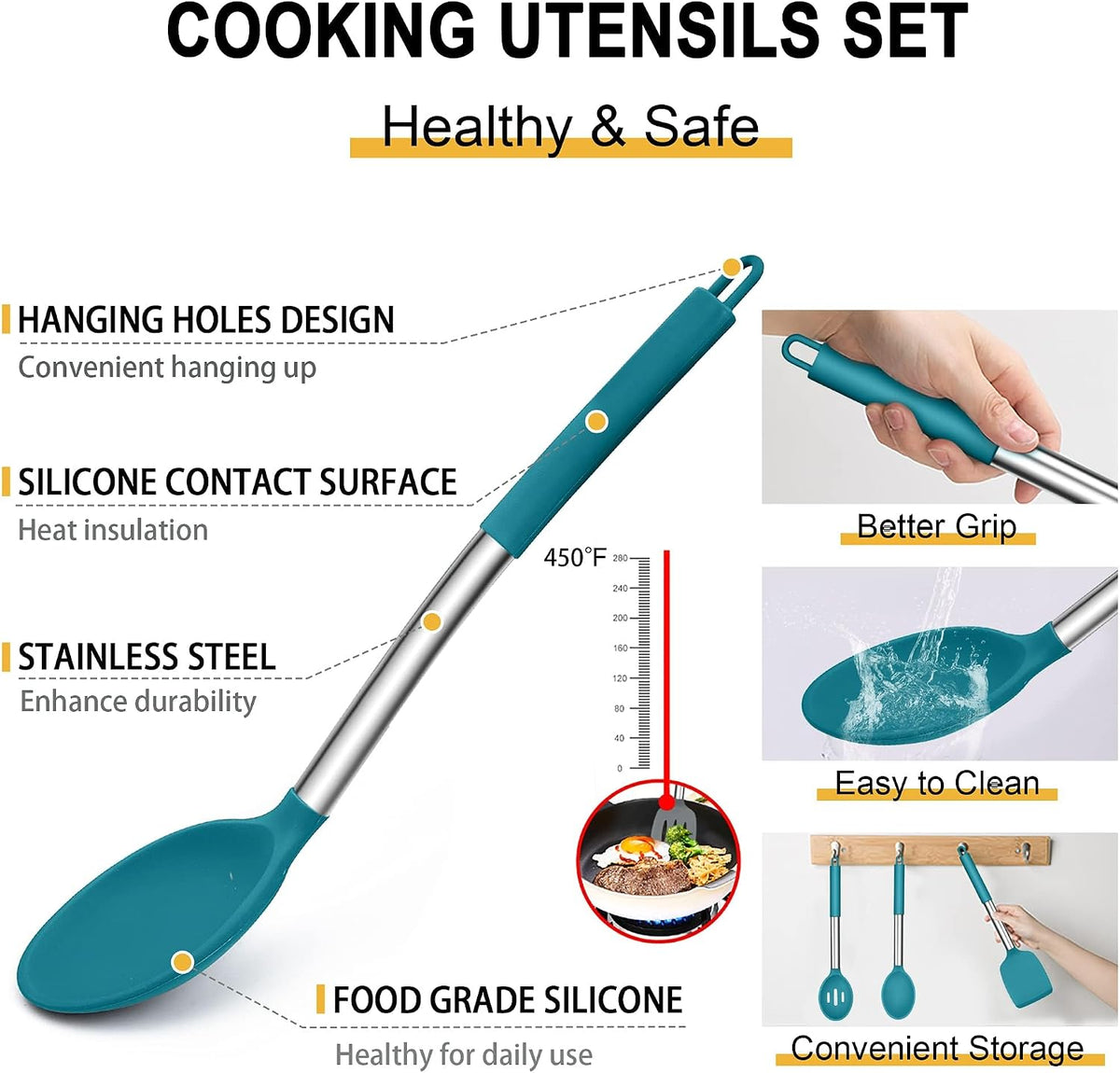 Silicone Cooking Utensils Set, 7-Piece Black Kitchen Utensils Set