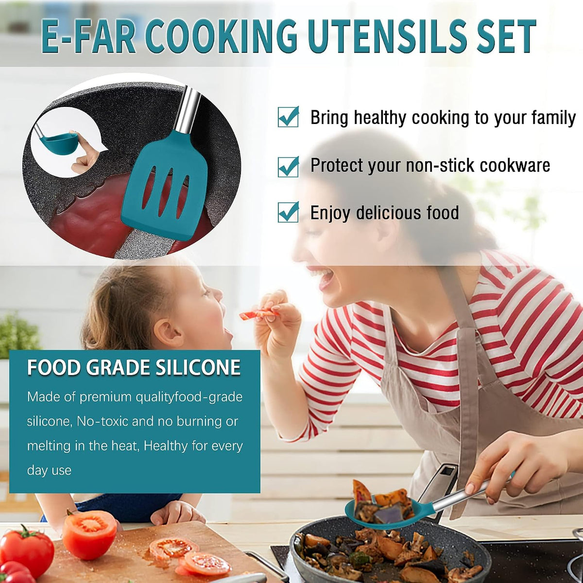 Silicone Cooking Utensils Set, 7-Piece Black Kitchen Utensils Set