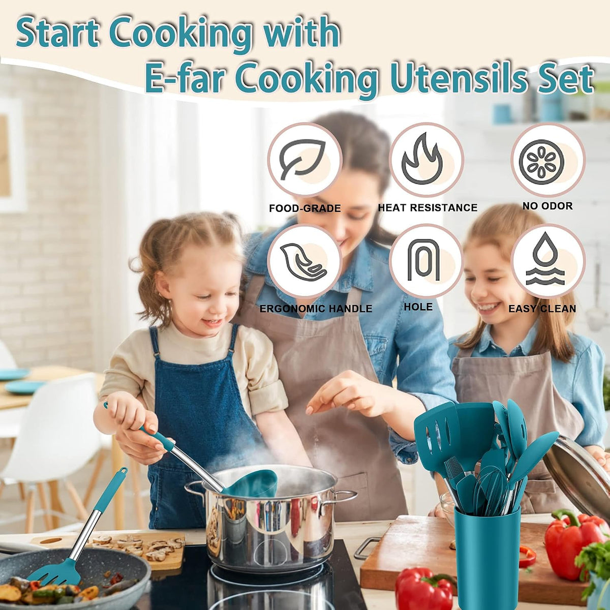 Silicone Cooking Utensils Set, 7-Piece Black Kitchen Utensils Set