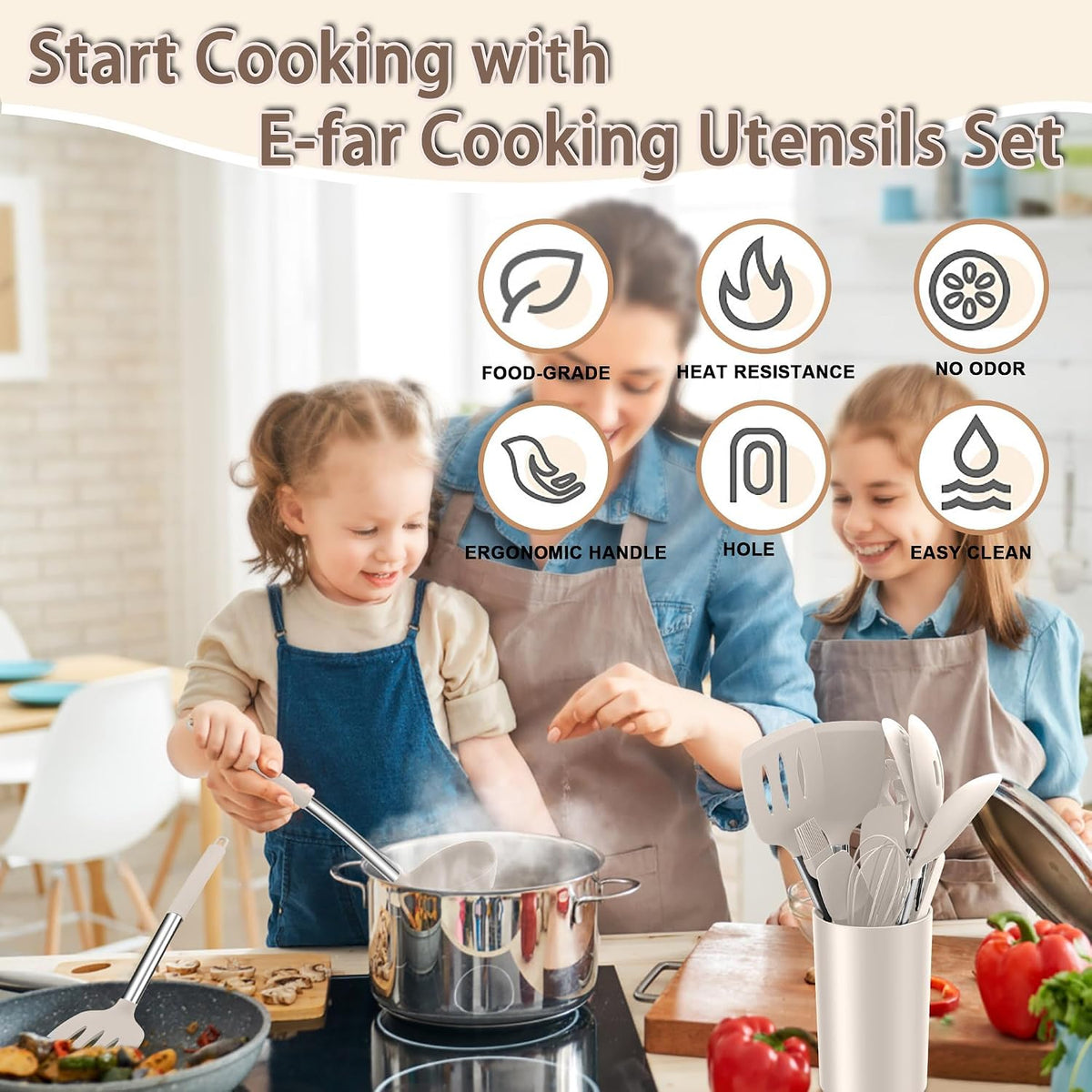 Silicone Cooking Utensils Set, 7-Piece Black Kitchen Utensils Set