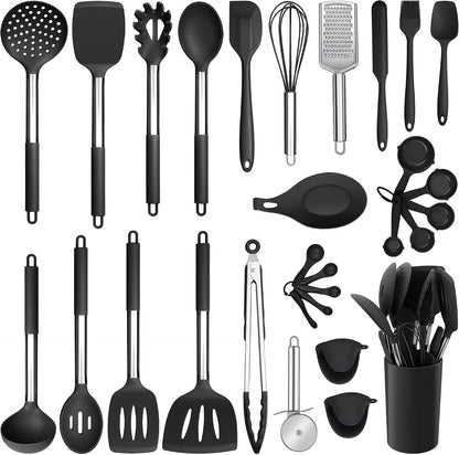 Silicone Cooking Utensils Set, 7-Piece Black Kitchen Utensils Set