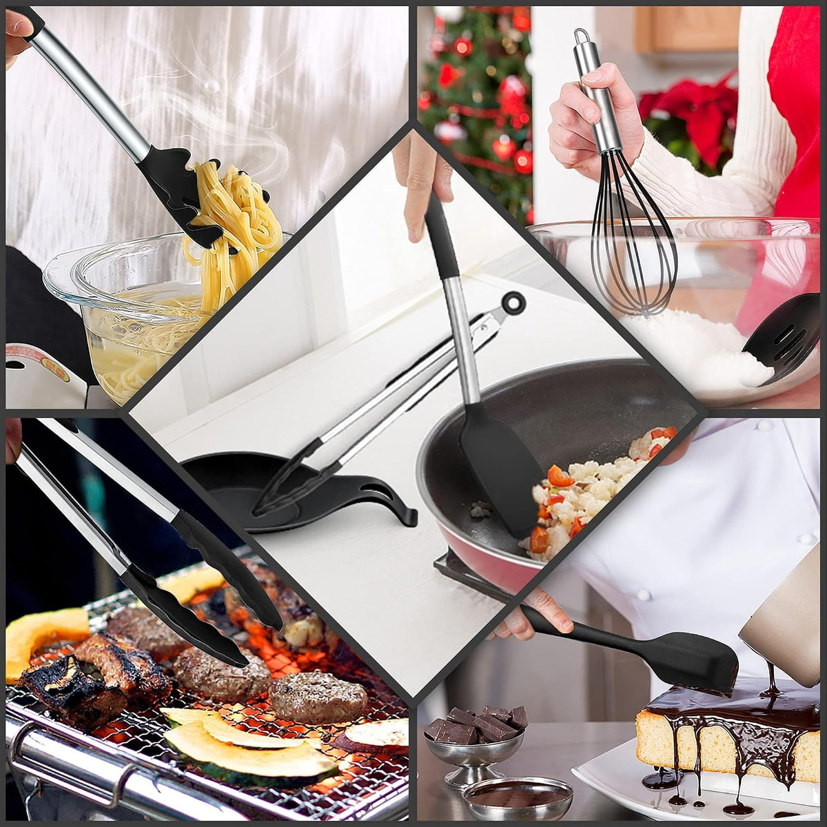 Silicone Cooking Utensils Set, 7-Piece Black Kitchen Utensils Set