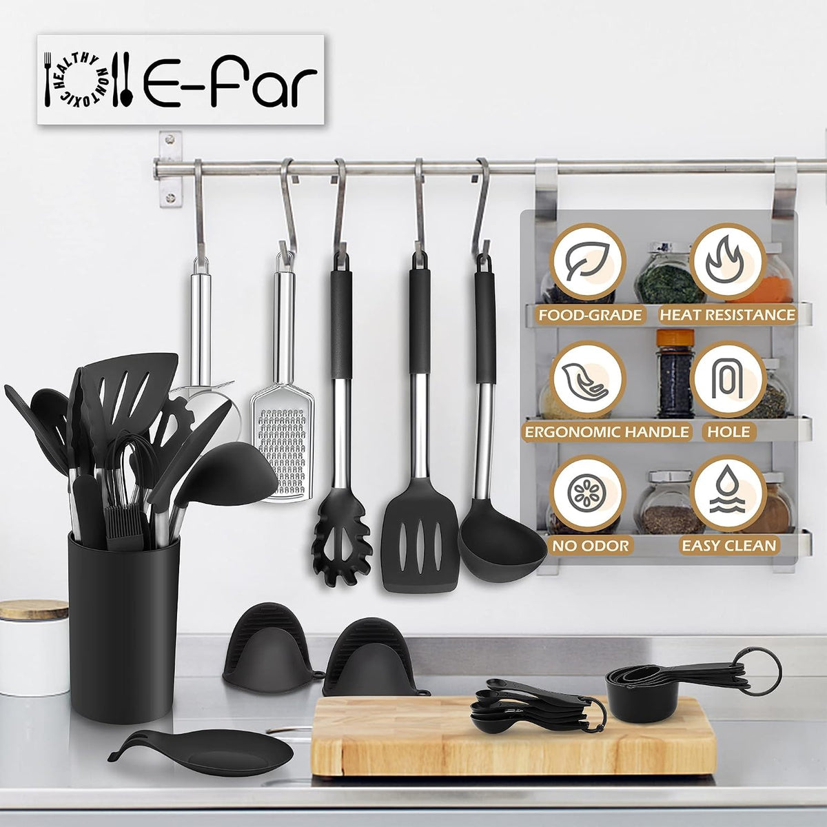 Silicone Cooking Utensils Set, 7-Piece Black Kitchen Utensils Set