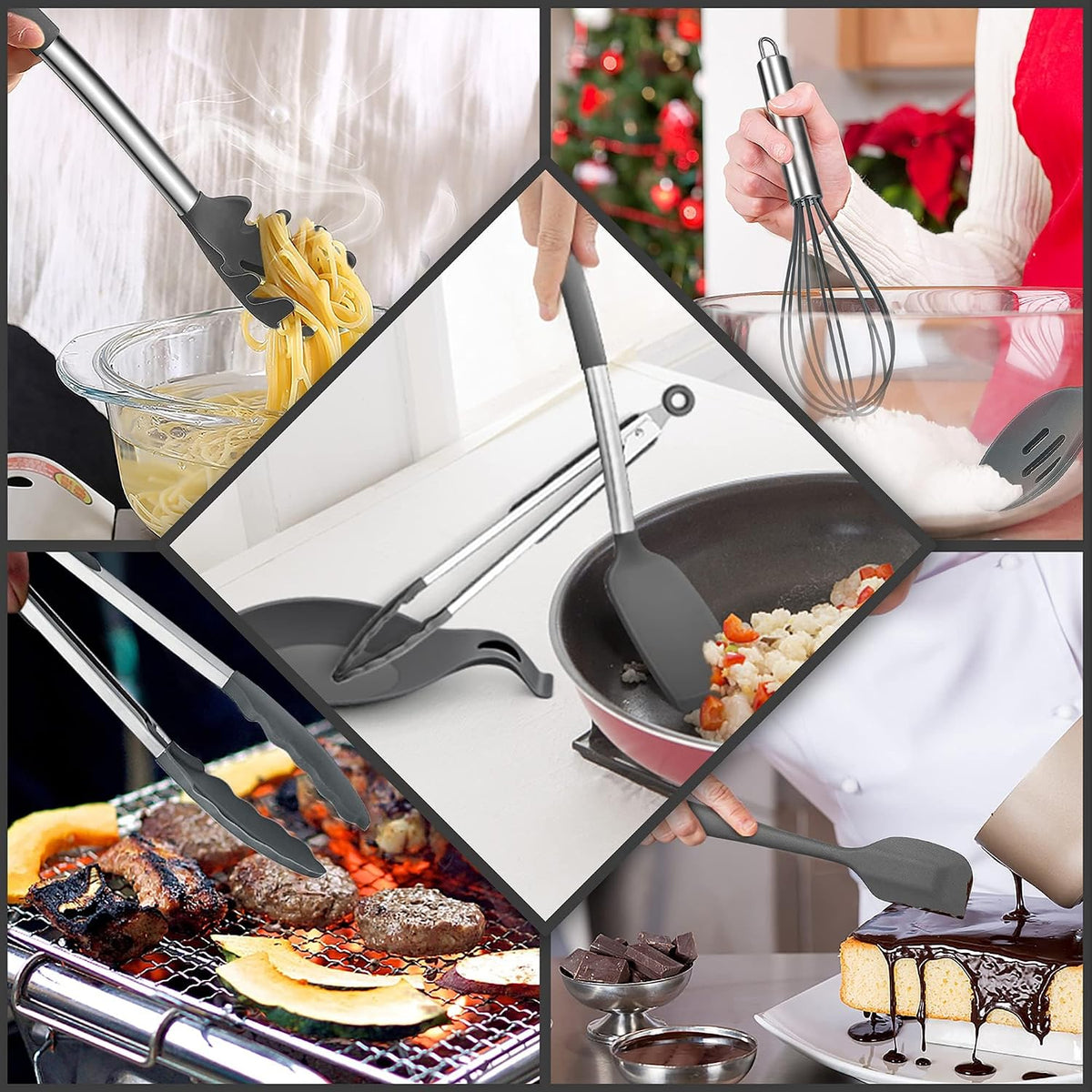 Silicone Cooking Utensils Set, 7-Piece Black Kitchen Utensils Set