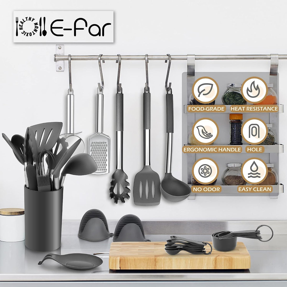 Silicone Cooking Utensils Set, 7-Piece Black Kitchen Utensils Set