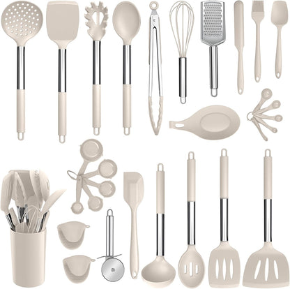 Silicone Cooking Utensils Set, 7-Piece Black Kitchen Utensils Set