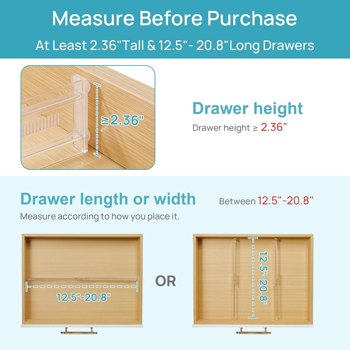 8 Pack Shallow Drawer Dividers, 2.36" High 12.5"-20.8" Adjustable Expandable Kitchen Drawer Organizer, Clear Plastic Organizer Separators for Flatware, Utensil, Cutlery, Underwear, Clothes