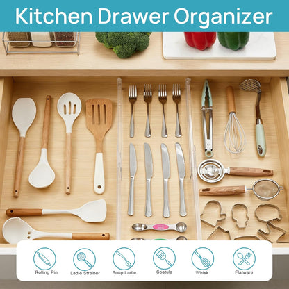 8 Pack Shallow Drawer Dividers, 2.36" High 12.5"-20.8" Adjustable Expandable Kitchen Drawer Organizer, Clear Plastic Organizer Separators for Flatware, Utensil, Cutlery, Underwear, Clothes