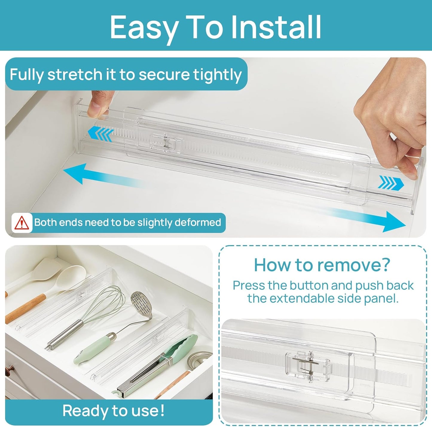 8 Pack Shallow Drawer Dividers, 2.36" High 12.5"-20.8" Adjustable Expandable Kitchen Drawer Organizer, Clear Plastic Organizer Separators for Flatware, Utensil, Cutlery, Underwear, Clothes
