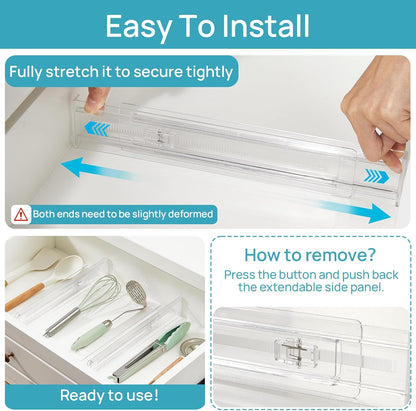 8 Pack Shallow Drawer Dividers, 2.36" High 12.5"-20.8" Adjustable Expandable Kitchen Drawer Organizer, Clear Plastic Organizer Separators for Flatware, Utensil, Cutlery, Underwear, Clothes