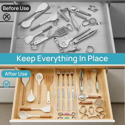 8 Pack Shallow Drawer Dividers, 2.36" High 12.5"-20.8" Adjustable Expandable Kitchen Drawer Organizer, Clear Plastic Organizer Separators for Flatware, Utensil, Cutlery, Underwear, Clothes