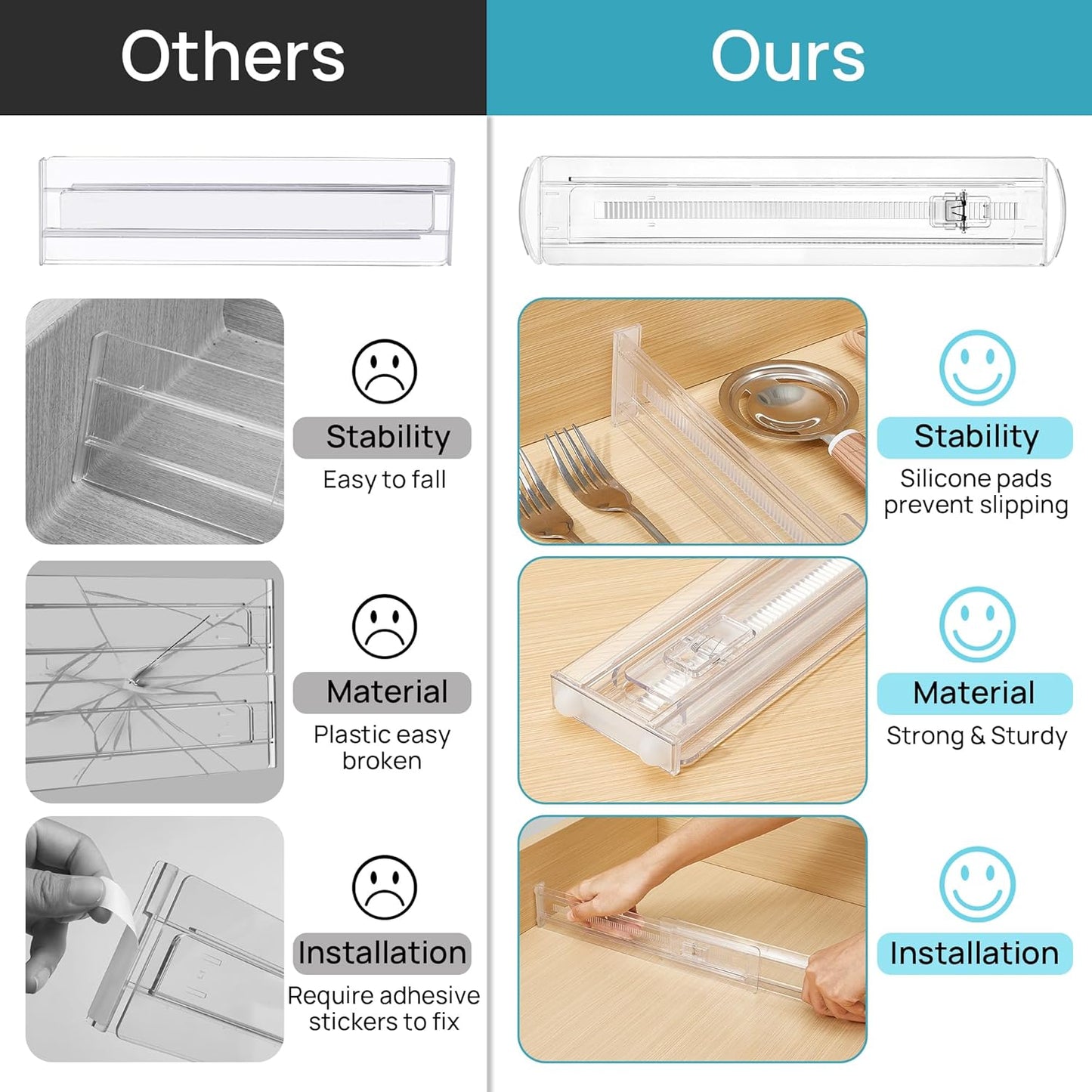 8 Pack Shallow Drawer Dividers, 2.36" High 12.5"-20.8" Adjustable Expandable Kitchen Drawer Organizer, Clear Plastic Organizer Separators for Flatware, Utensil, Cutlery, Underwear, Clothes