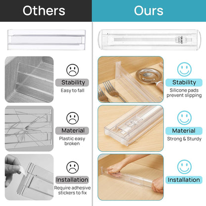 8 Pack Shallow Drawer Dividers, 2.36" High 12.5"-20.8" Adjustable Expandable Kitchen Drawer Organizer, Clear Plastic Organizer Separators for Flatware, Utensil, Cutlery, Underwear, Clothes