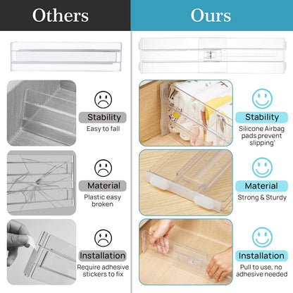 8 Pack Shallow Drawer Dividers, 2.36" High 12.5"-20.8" Adjustable Expandable Kitchen Drawer Organizer, Clear Plastic Organizer Separators for Flatware, Utensil, Cutlery, Underwear, Clothes