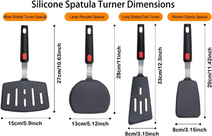 Silicone Spatula Turner Set of 4, 600°F Heat Resistant Cooking Spatulas for Nonstick Cookware, BPA Free Rubber Spatula Large Kitchen Utensils Set for Egg, Pancake, Burger, Fish