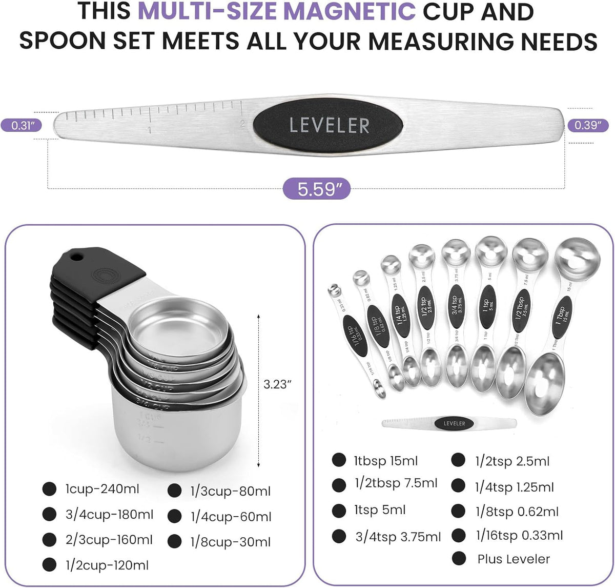Magnetic Measuring Cups and Spoons Set-Heavy Duty 304 Stainless Steel