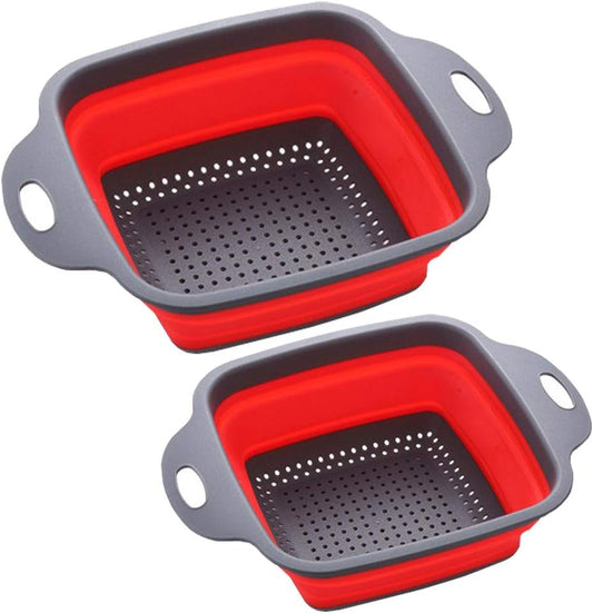 Square Collapsible Colander Set,2 Collapsible Colanders (Strainers) Set - Includes 2 Folding Strainers (red & Grey)