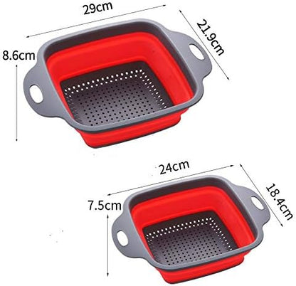 Square Collapsible Colander Set,2 Collapsible Colanders (Strainers) Set - Includes 2 Folding Strainers (red & Grey)